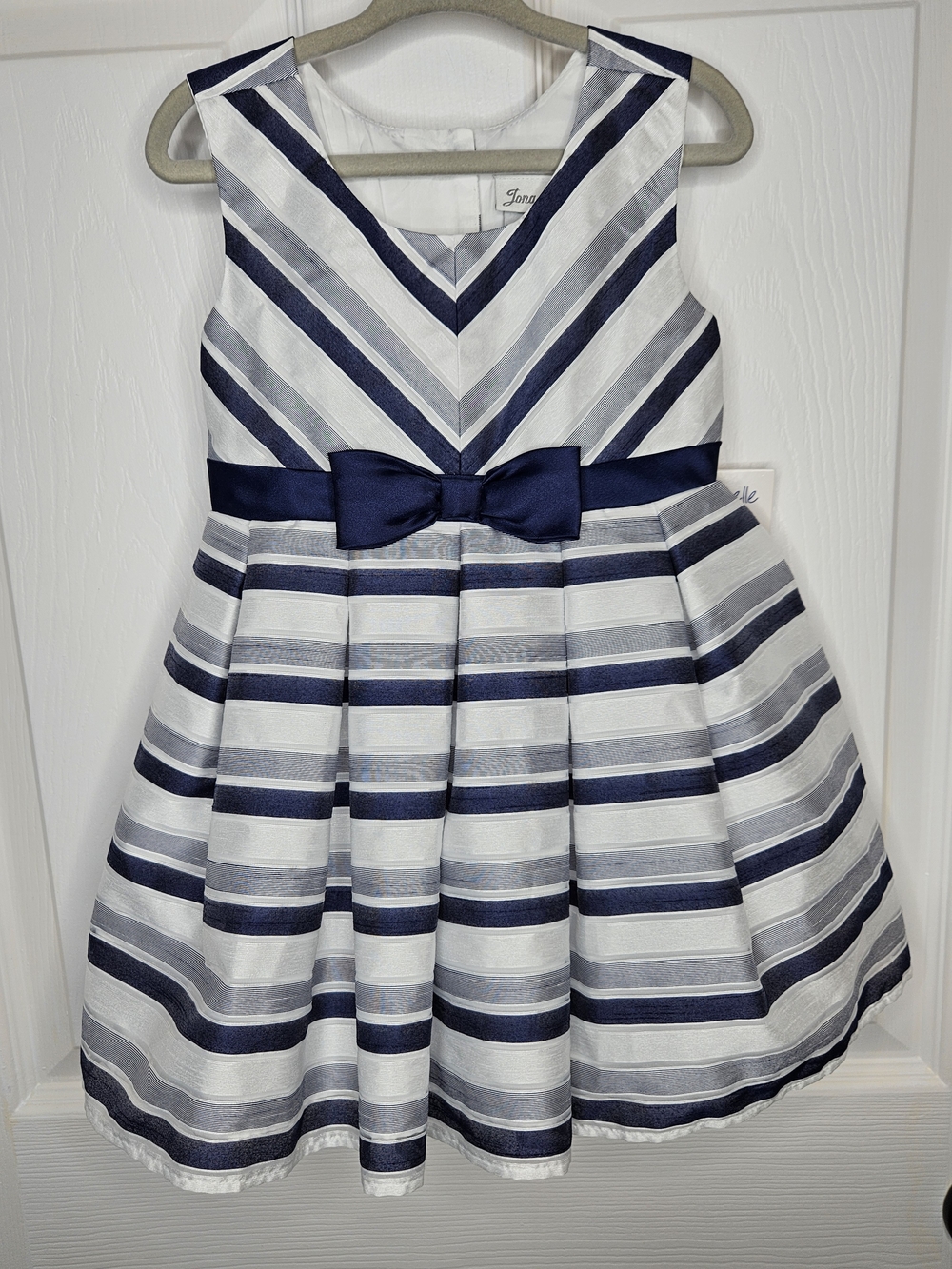 NWT Jona Michelle Navy White Striped Fit & Flare Dress Formal Bow Accent Size 2